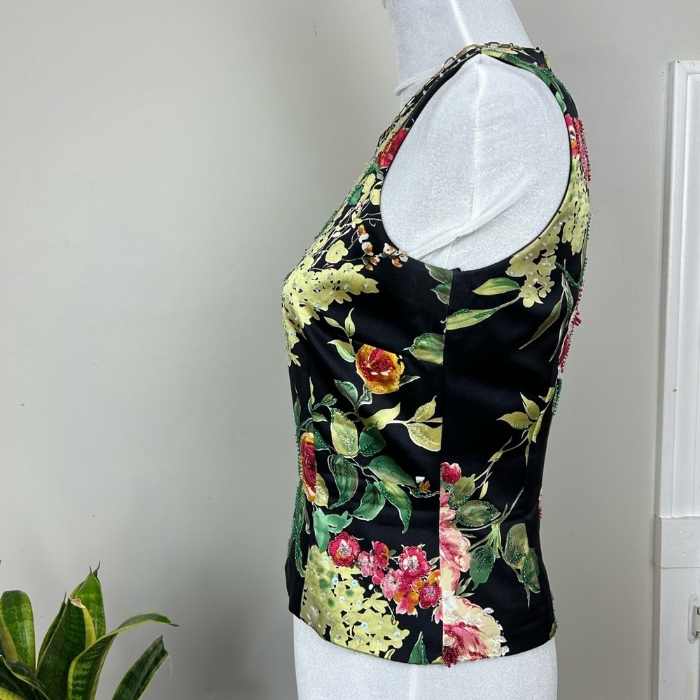 KAY UNGER Silk Sleeveless Beaded Embellished Black Floral Top - Picture 6 of 10